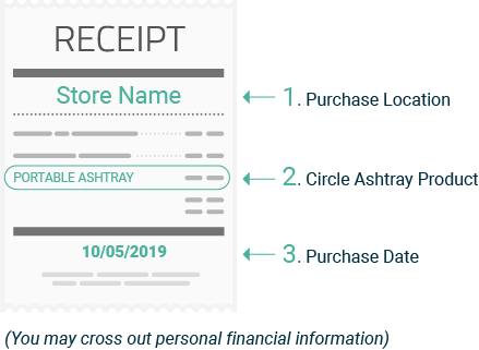 1. Purchase Location, 2. Circle Ashtray Product, 3. Purchase Date (you may cross out personal information)