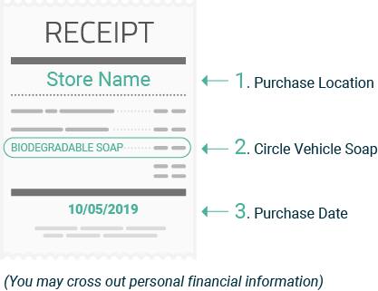 1. Purchase Location, 2. Circle Vehicle Soap, 3. Purchase Date (you may cross out personal info)