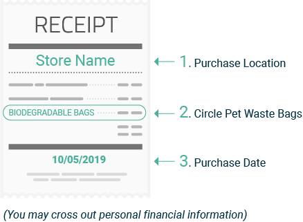 1. Purchase Location, 2. Circle Pet Waste Bags, 3. Purchase Date (you may cross out personal info)